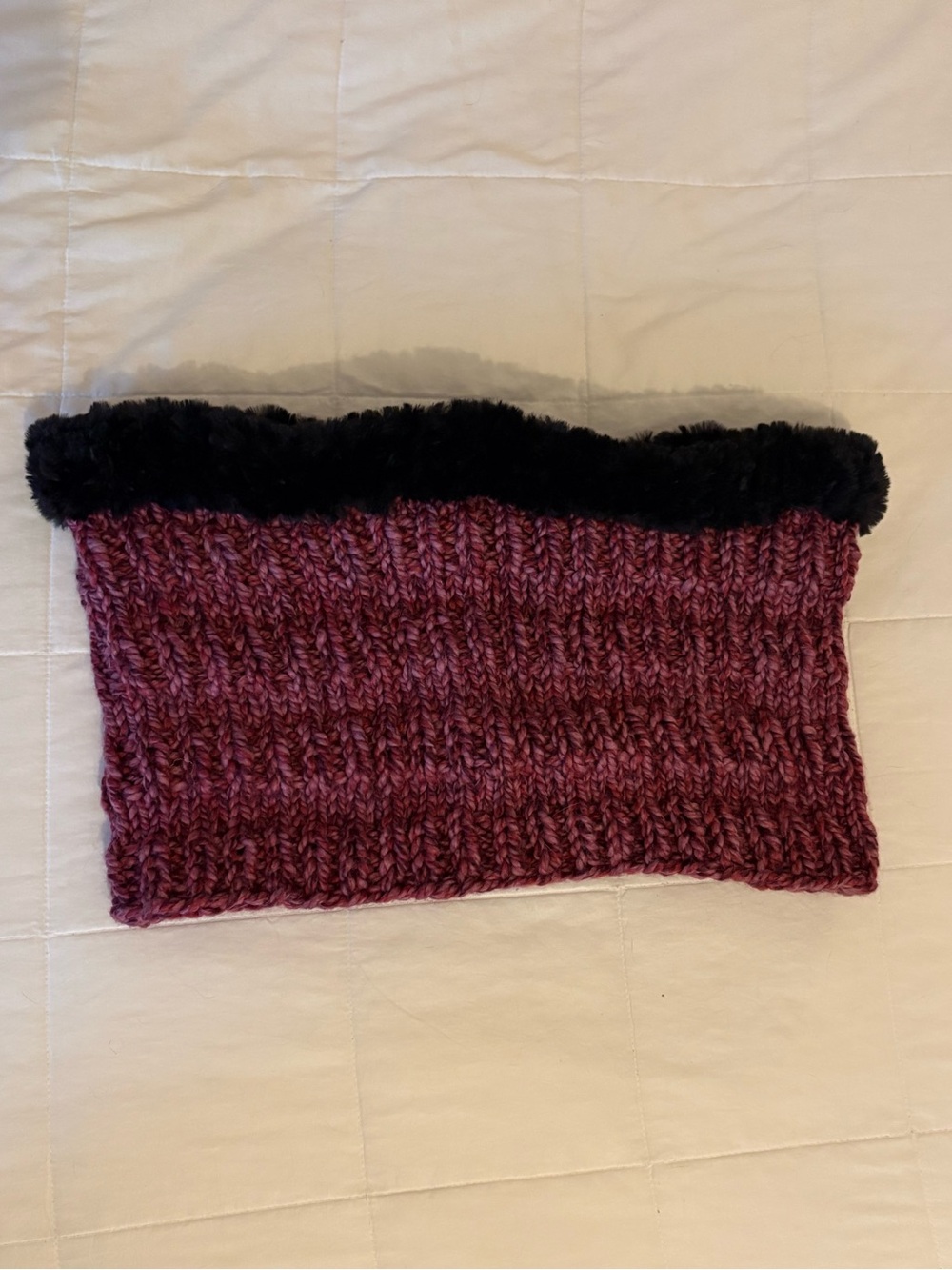 Handmade Berry Knit Neck Warmer Scarf with Black Fluffy Trim